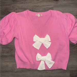 Pink Puff Sleeve Sweater Top with Bows